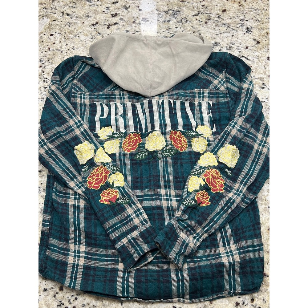 Primitive Skateboarding Hooded Flannel Shirt Green Plaid Floral Embroidered S